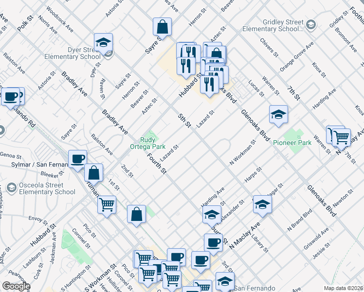 map of restaurants, bars, coffee shops, grocery stores, and more near 519 Lazard Street in San Fernando