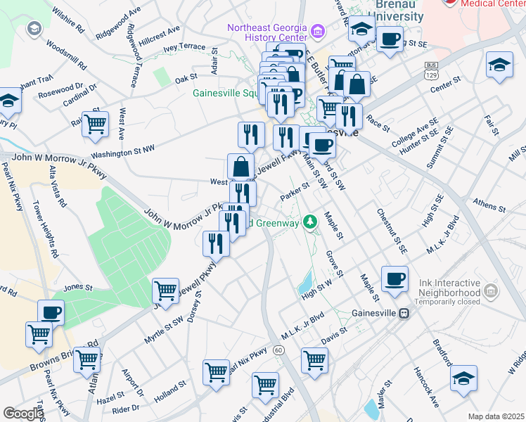 map of restaurants, bars, coffee shops, grocery stores, and more near 543 Gordon Avenue in Gainesville