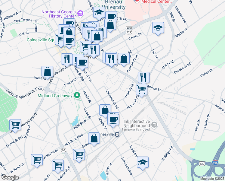 map of restaurants, bars, coffee shops, grocery stores, and more near 235 Summit Street Southeast in Gainesville