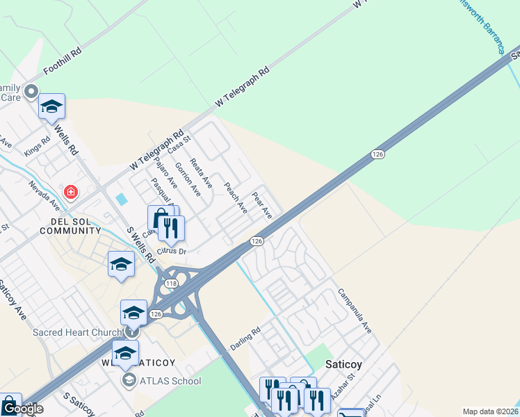 map of restaurants, bars, coffee shops, grocery stores, and more near 395 Silk Tree Avenue in Ventura