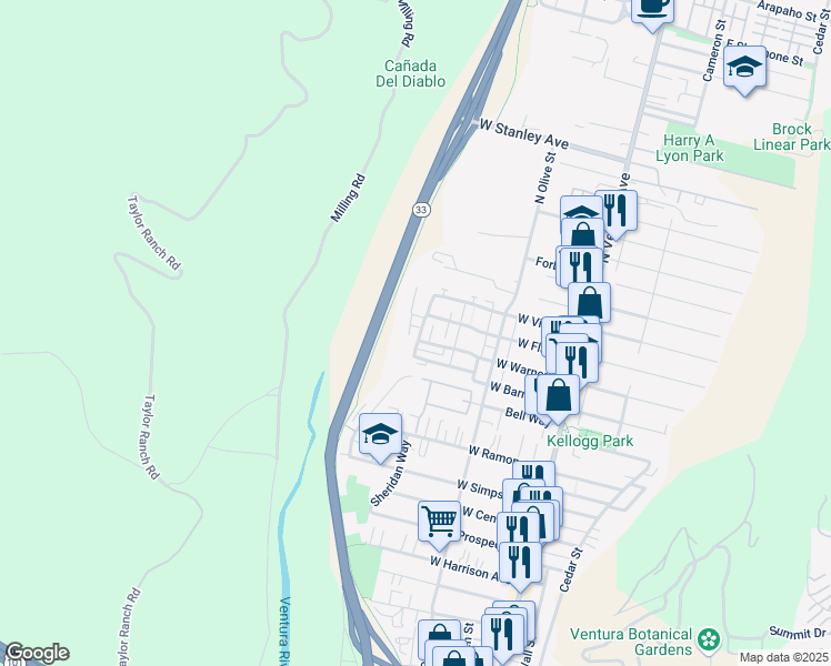 map of restaurants, bars, coffee shops, grocery stores, and more near 1023 Riverside Street in Ventura