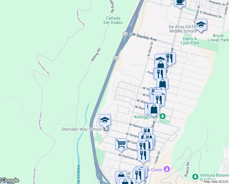 map of restaurants, bars, coffee shops, grocery stores, and more near 1023 Riverside Street in Ventura
