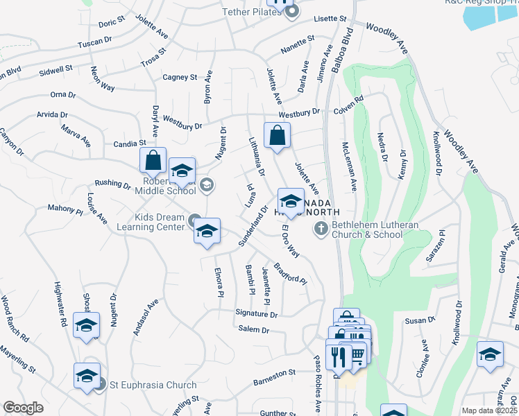 map of restaurants, bars, coffee shops, grocery stores, and more near 17125 Sunderland Drive in Los Angeles