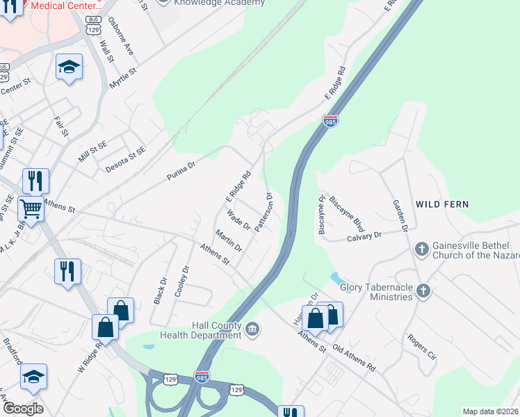map of restaurants, bars, coffee shops, grocery stores, and more near 1075 Travis Drive in Gainesville