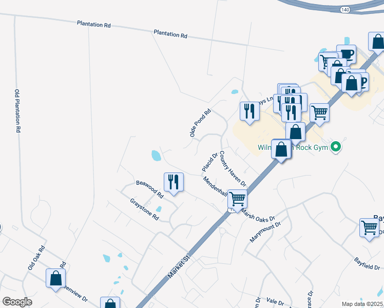 map of restaurants, bars, coffee shops, grocery stores, and more near 7925 Country Lakes Road in Wilmington