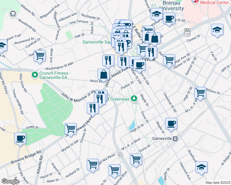 map of restaurants, bars, coffee shops, grocery stores, and more near 543 Gordon Avenue in Gainesville