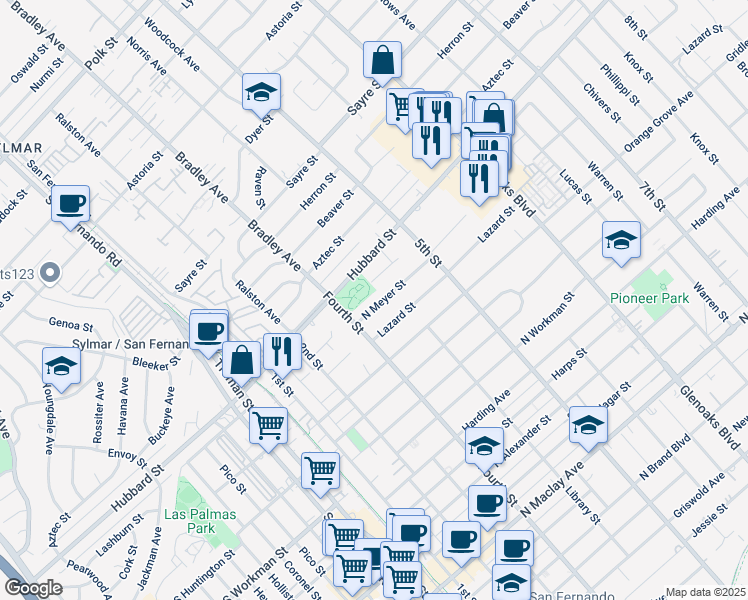 map of restaurants, bars, coffee shops, grocery stores, and more near 453 North Meyer Street in San Fernando