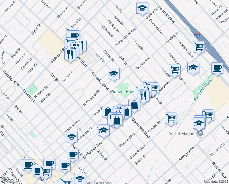 map of restaurants, bars, coffee shops, grocery stores, and more near 828 Harding St in San Fernando