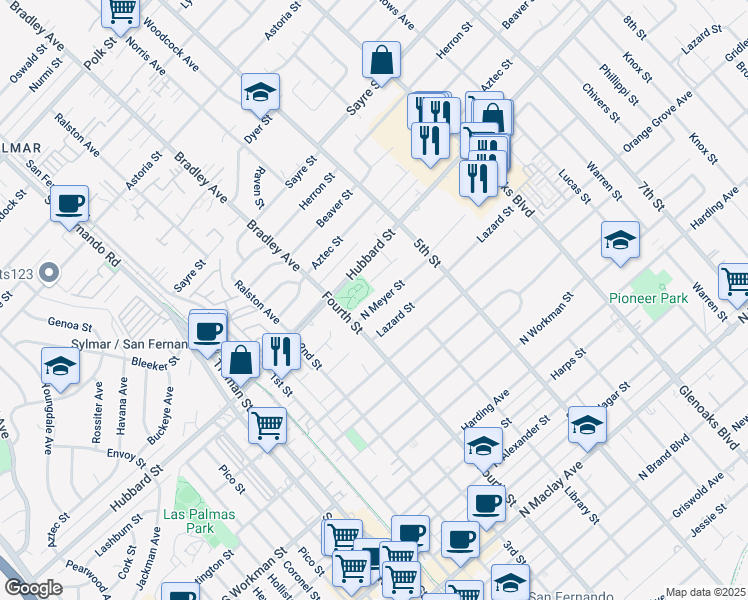 map of restaurants, bars, coffee shops, grocery stores, and more near 453 North Meyer Street in San Fernando