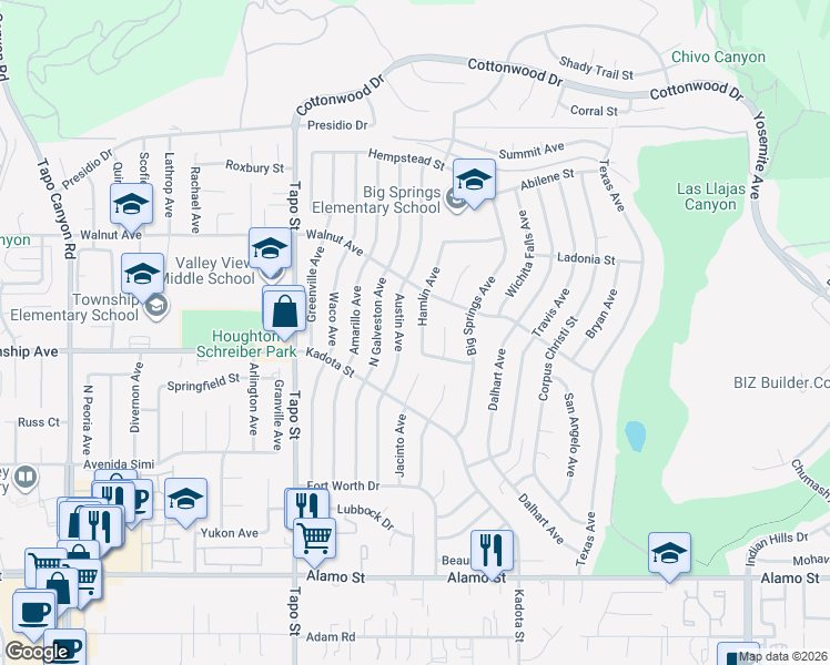 map of restaurants, bars, coffee shops, grocery stores, and more near 3262 Hamlin Avenue in Simi Valley