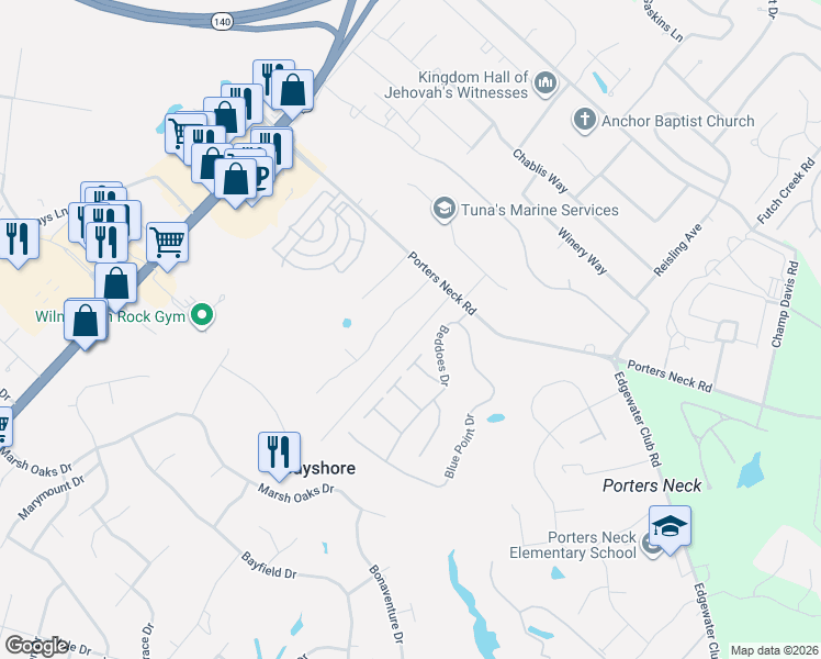 map of restaurants, bars, coffee shops, grocery stores, and more near 8246 Porters Crossing Way in Wilmington