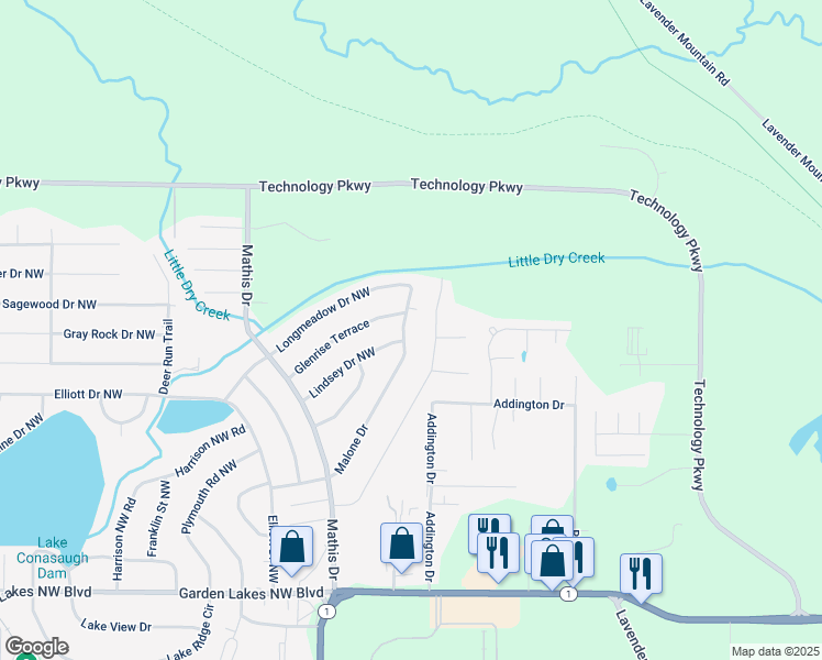 map of restaurants, bars, coffee shops, grocery stores, and more near 158 Malone Drive in Rome