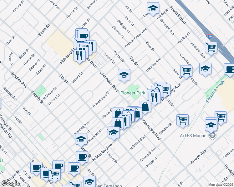 map of restaurants, bars, coffee shops, grocery stores, and more near 774 North Workman Street in San Fernando