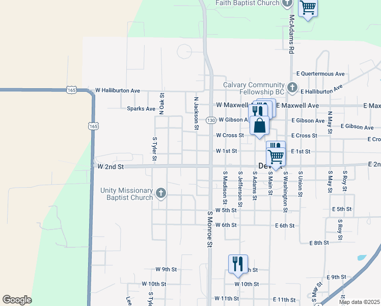 map of restaurants, bars, coffee shops, grocery stores, and more near 620 West 1st Street in DeWitt