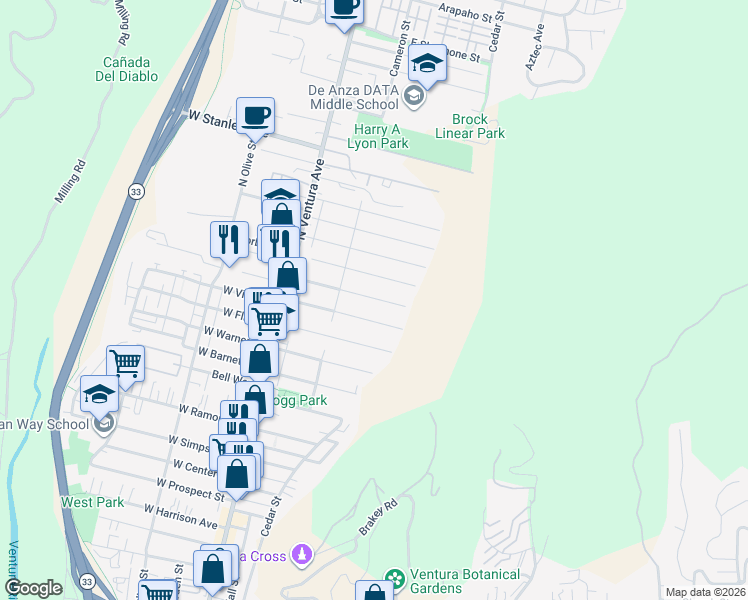 map of restaurants, bars, coffee shops, grocery stores, and more near 248 East Lewis Street in Ventura