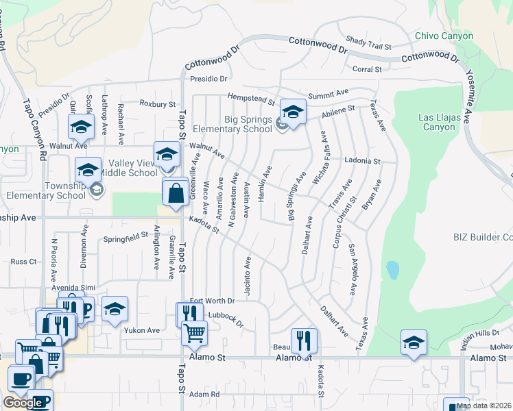 map of restaurants, bars, coffee shops, grocery stores, and more near 3239 Hamlin Avenue in Simi Valley