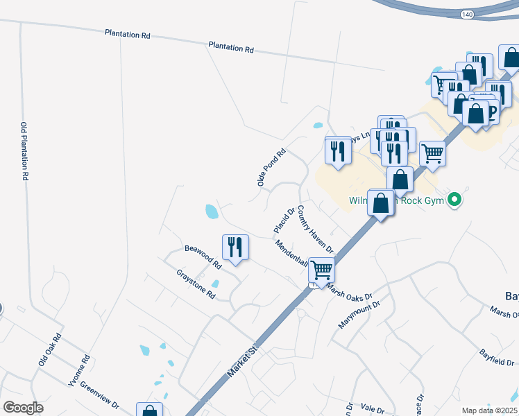 map of restaurants, bars, coffee shops, grocery stores, and more near 7925 Country Lakes Road in Wilmington