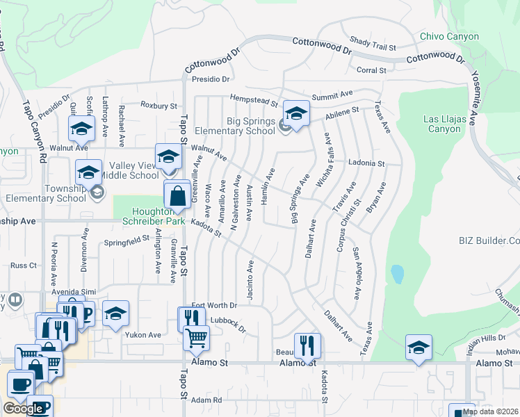 map of restaurants, bars, coffee shops, grocery stores, and more near 3262 Hamlin Avenue in Simi Valley