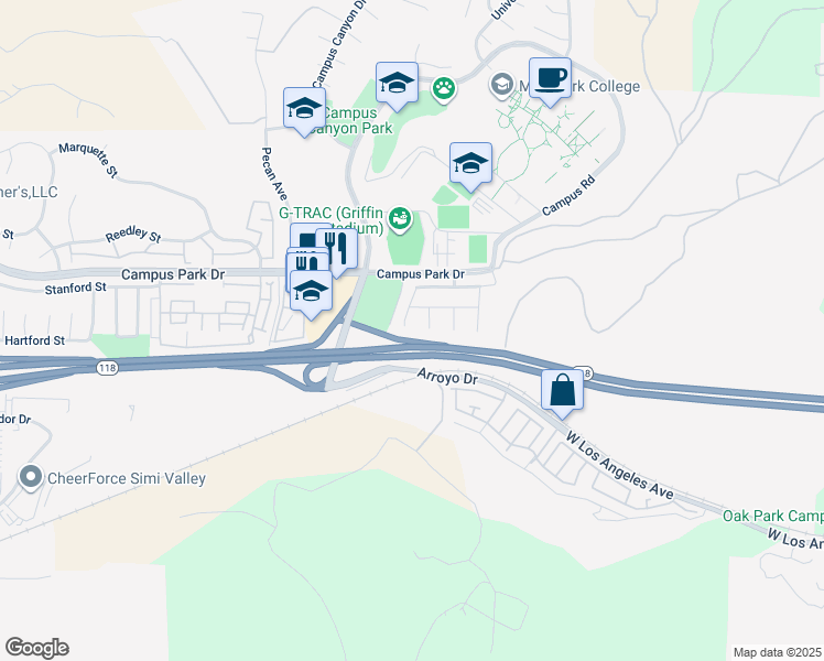 map of restaurants, bars, coffee shops, grocery stores, and more near 6421 Overly Street in Moorpark