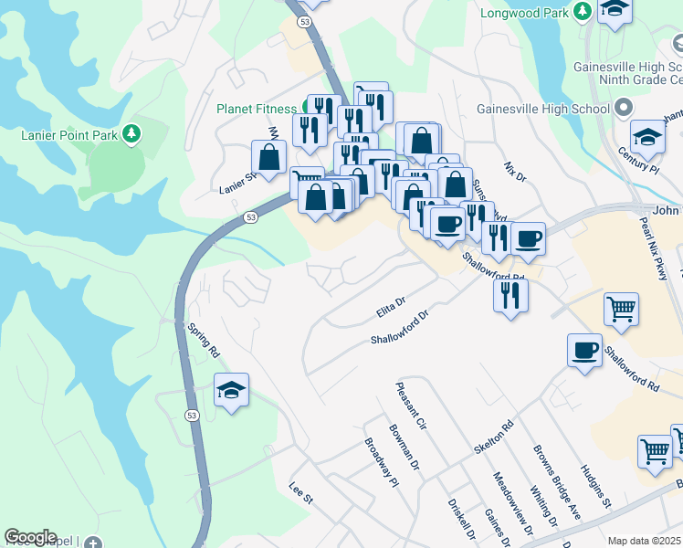 map of restaurants, bars, coffee shops, grocery stores, and more near 1100 Park Creek Court in Gainesville