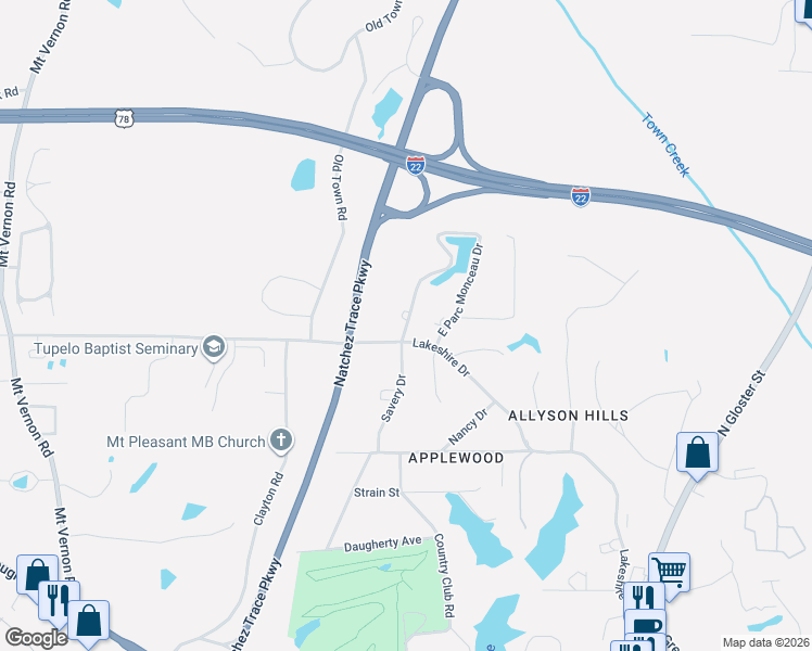 map of restaurants, bars, coffee shops, grocery stores, and more near 1-17 West Park Monceau Drive in Tupelo