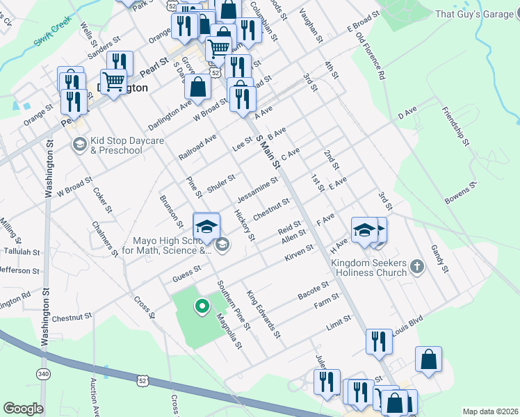 map of restaurants, bars, coffee shops, grocery stores, and more near 804 South Dargan Street in Darlington