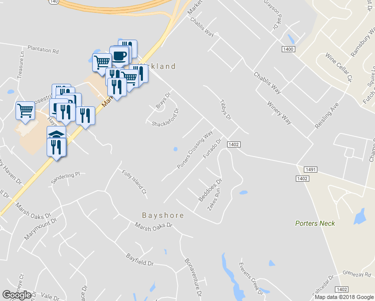 map of restaurants, bars, coffee shops, grocery stores, and more near 8223 Porters Crossing Way in Wilmington