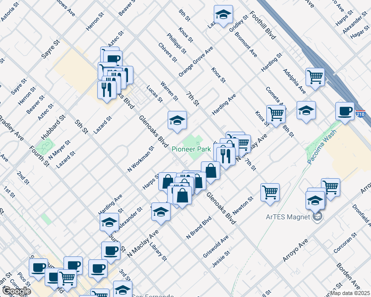 map of restaurants, bars, coffee shops, grocery stores, and more near 828 Harding Street in San Fernando