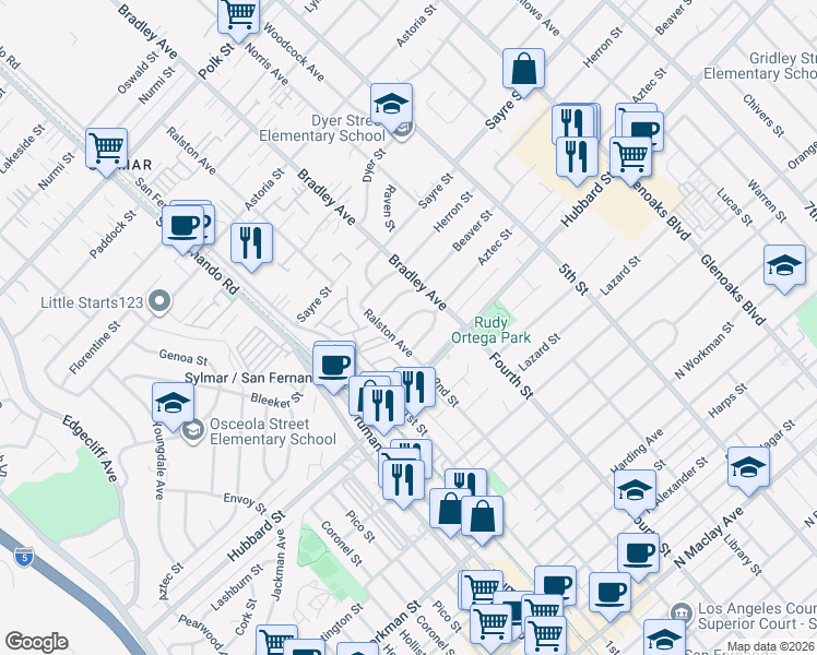 map of restaurants, bars, coffee shops, grocery stores, and more near 14437 Carlsbad Street in Los Angeles