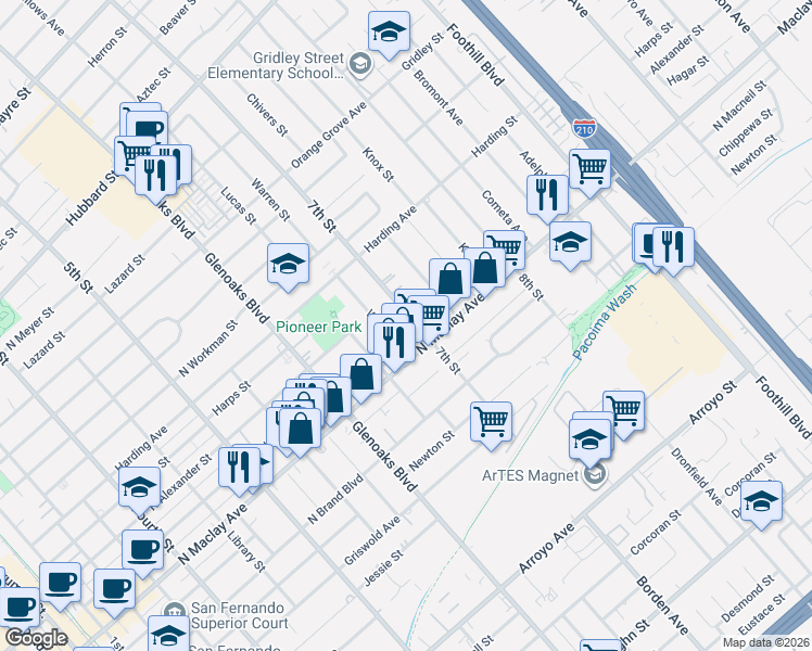 map of restaurants, bars, coffee shops, grocery stores, and more near 1128 7th Street in San Fernando