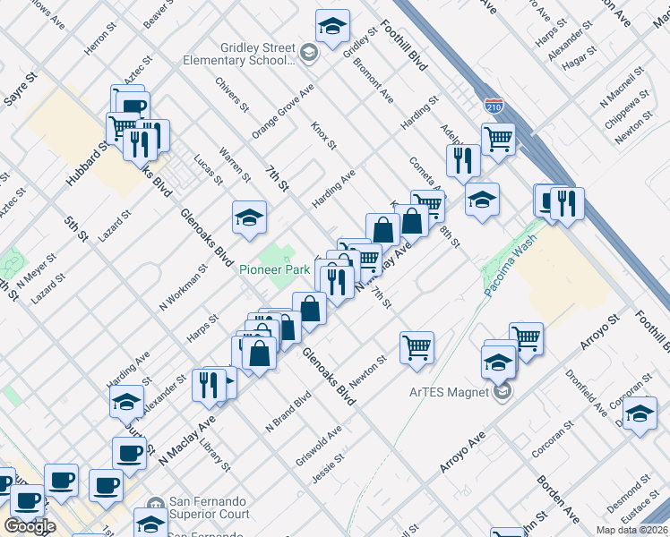 map of restaurants, bars, coffee shops, grocery stores, and more near 1203 7th Street in San Fernando