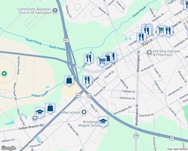 map of restaurants, bars, coffee shops, grocery stores, and more near 1033 Pearl Street in Darlington