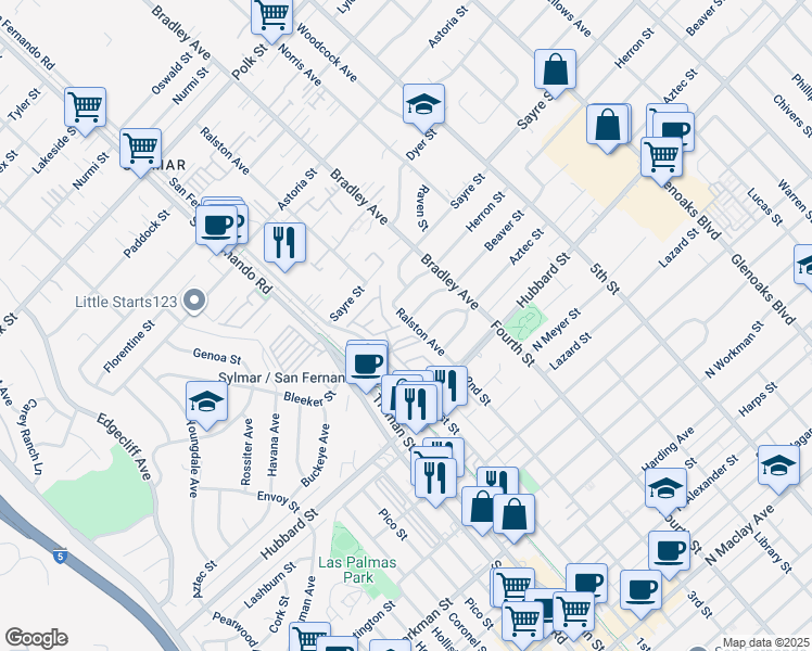 map of restaurants, bars, coffee shops, grocery stores, and more near 12323 Ralston Avenue in Los Angeles