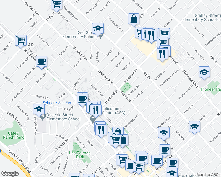 map of restaurants, bars, coffee shops, grocery stores, and more near 14386 Aztec Street in Los Angeles