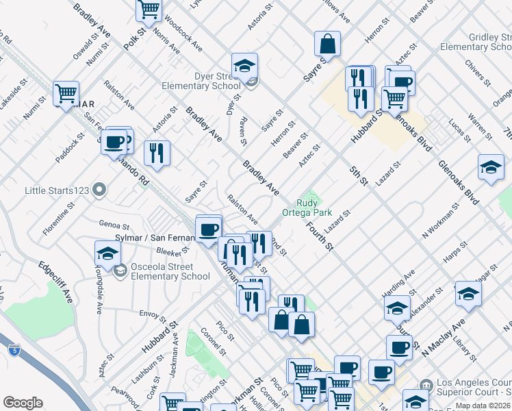 map of restaurants, bars, coffee shops, grocery stores, and more near 14437 Carlsbad Street in Los Angeles