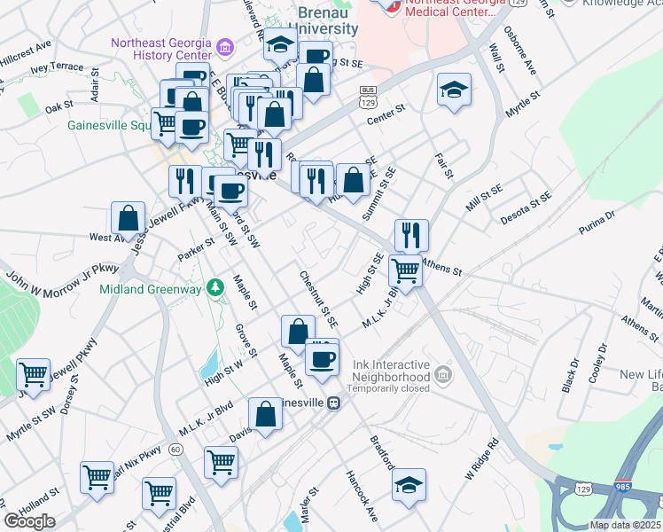 map of restaurants, bars, coffee shops, grocery stores, and more near 235 Summit Street Southeast in Gainesville