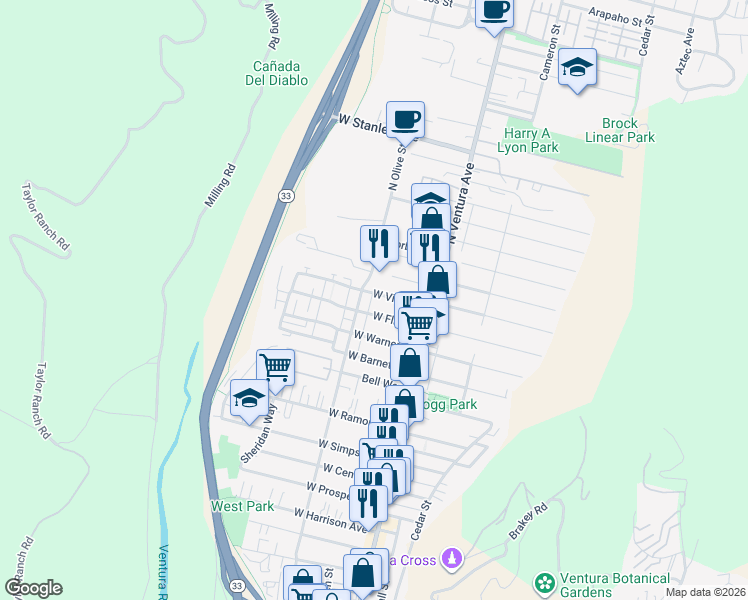 map of restaurants, bars, coffee shops, grocery stores, and more near 172 West Vince Street in Ventura