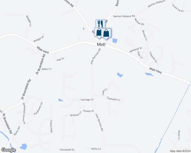 map of restaurants, bars, coffee shops, grocery stores, and more near 6930 John Burruss Road in Cumming