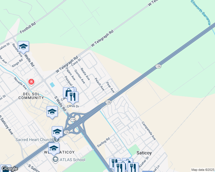 map of restaurants, bars, coffee shops, grocery stores, and more near 11395 Beechnut Street in Santa Paula