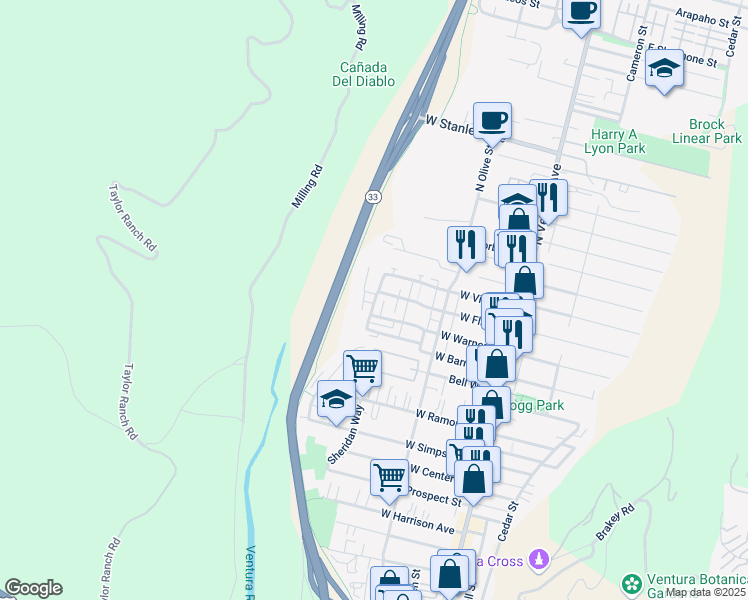 map of restaurants, bars, coffee shops, grocery stores, and more near 1107 Riverside Street in Ventura