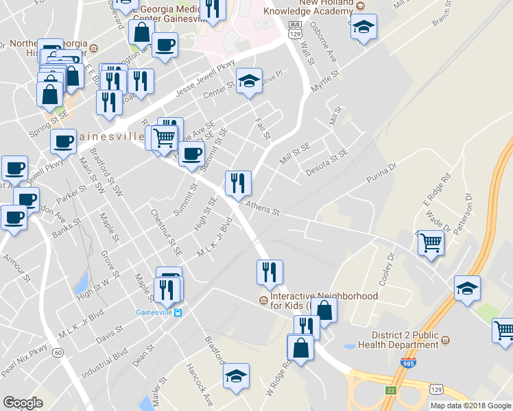 map of restaurants, bars, coffee shops, grocery stores, and more near 525 Mill Street Southeast in Gainesville