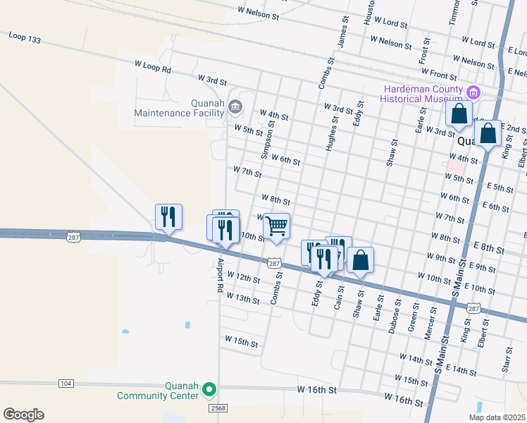 map of restaurants, bars, coffee shops, grocery stores, and more near 804 Gholston Street in Quanah