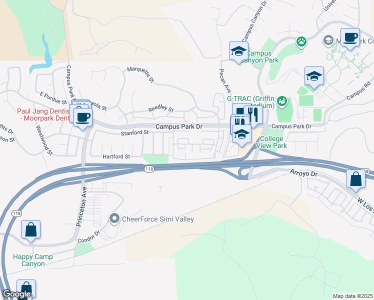 map of restaurants, bars, coffee shops, grocery stores, and more near 15020 Varsity Street in Moorpark