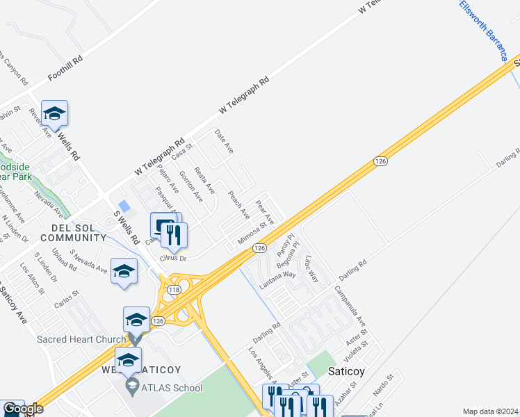map of restaurants, bars, coffee shops, grocery stores, and more near 11427 Citrus Drive in Ventura