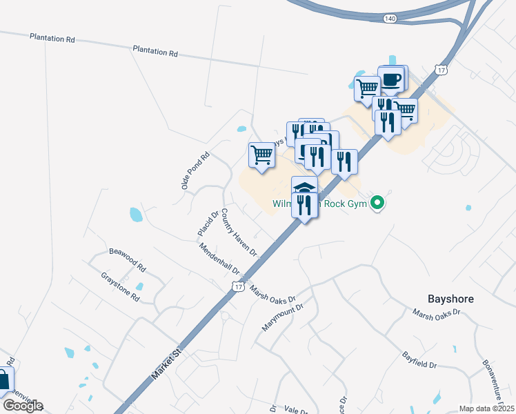 map of restaurants, bars, coffee shops, grocery stores, and more near 128 Sweetwater Drive in Wilmington