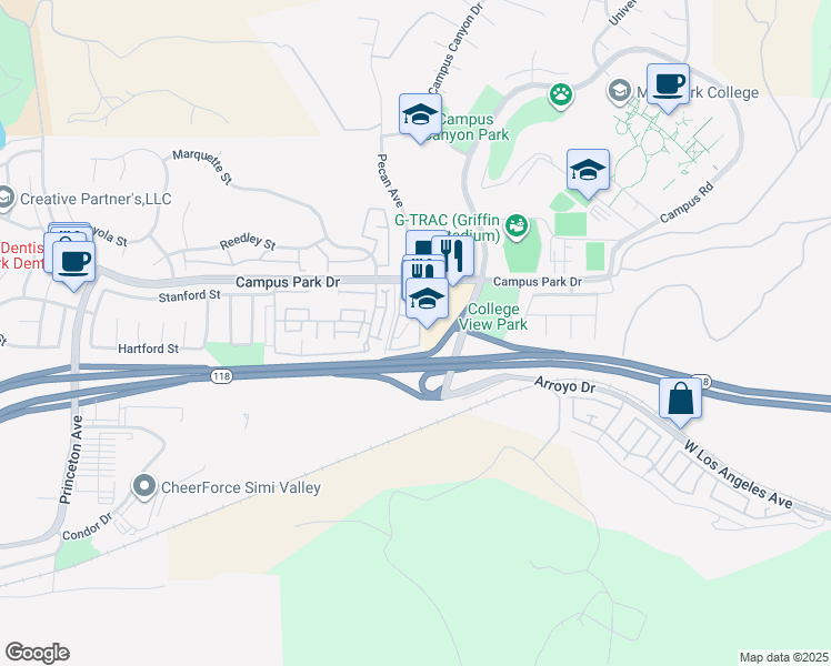 map of restaurants, bars, coffee shops, grocery stores, and more near 15266 Campus Park Drive in Moorpark