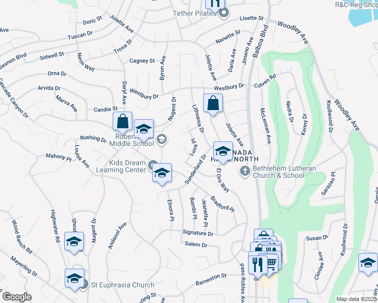 map of restaurants, bars, coffee shops, grocery stores, and more near 12321 Luna Place in Los Angeles