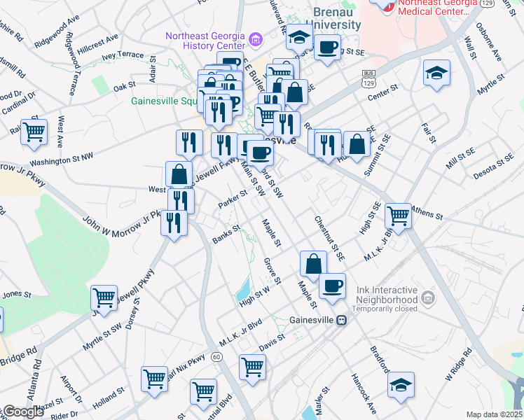 map of restaurants, bars, coffee shops, grocery stores, and more near 648 Main Street Southwest in Gainesville