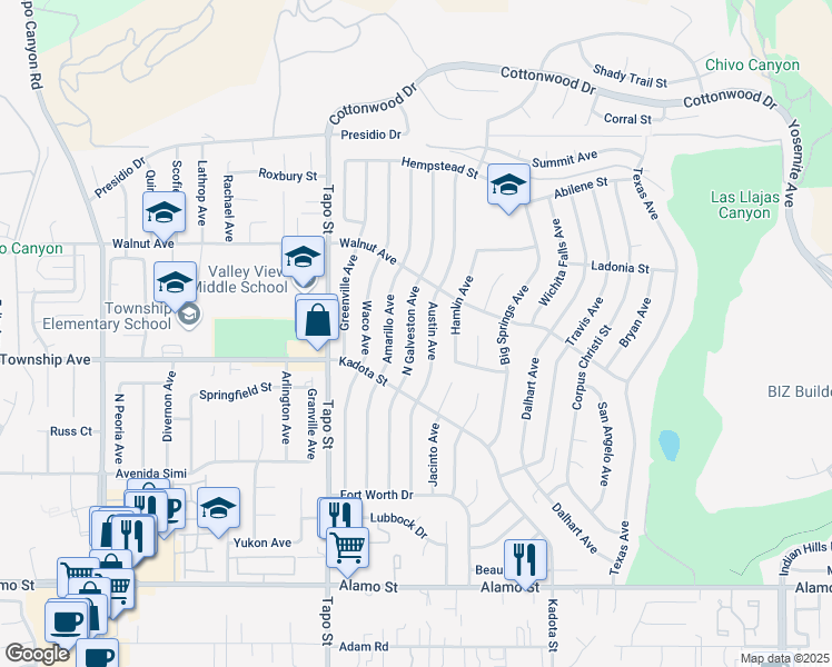map of restaurants, bars, coffee shops, grocery stores, and more near 3290 North Galveston Avenue in Simi Valley