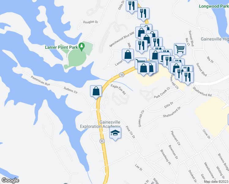 map of restaurants, bars, coffee shops, grocery stores, and more near 1899 Eagle Eye Road in Gainesville